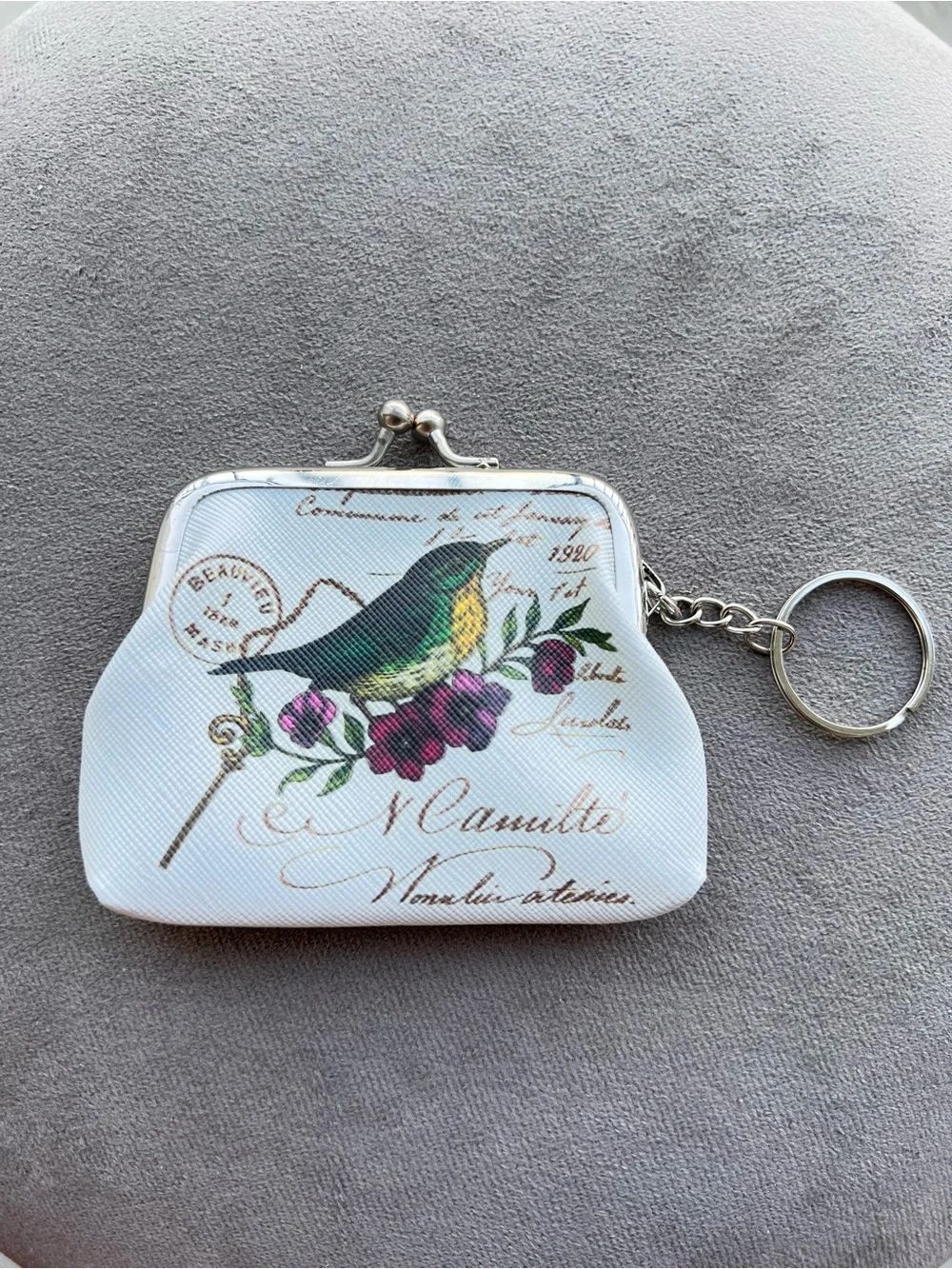 Bird & Floral White Coin Purse Keychain